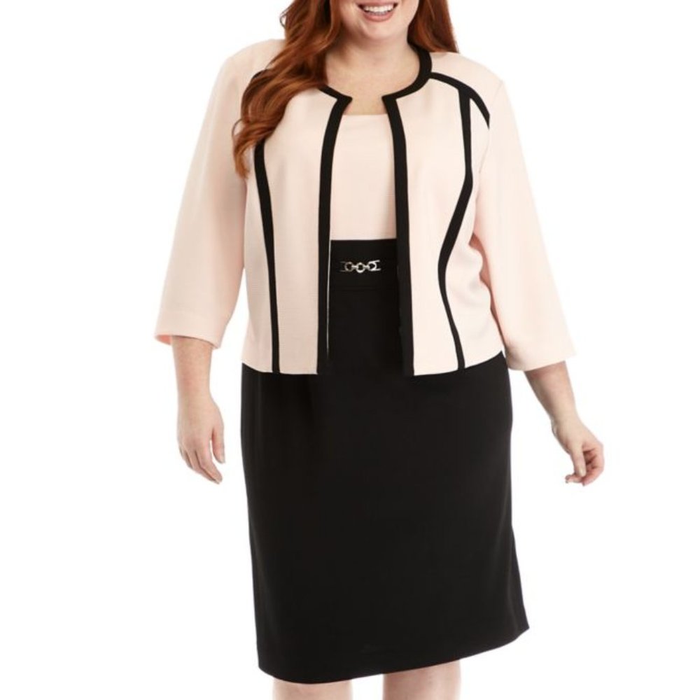 Studio I Two Piece Blush 3/4 Sleeve Workwear/Office Jacket Dress with Trim - 14W